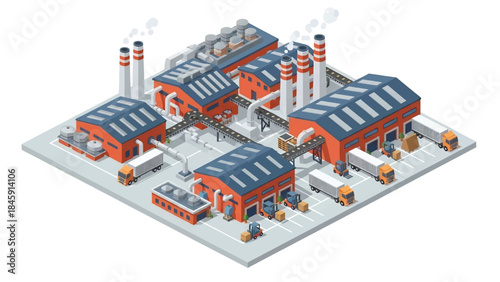 Isometric vector 3D view of a large industrial factory complex exterior with warehouses and transport vehicles, illustrating industrial infrastructure