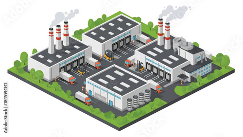 Isometric vector 3D view of a large industrial factory complex exterior with warehouses and transport vehicles, illustrating industrial infrastructure