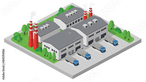 Isometric vector 3D view of a large industrial factory complex exterior with warehouses and transport vehicles, illustrating industrial infrastructure