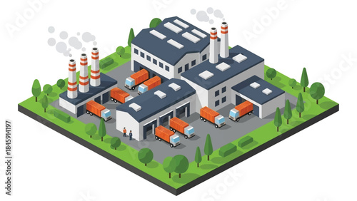 Isometric vector 3D view of a large industrial factory complex exterior with warehouses and transport vehicles, illustrating industrial infrastructure
