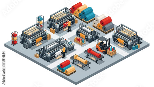 Isometric vector 3D view of a textile manufacturing factory with weaving machines and fabric rolls, representing traditional industry production