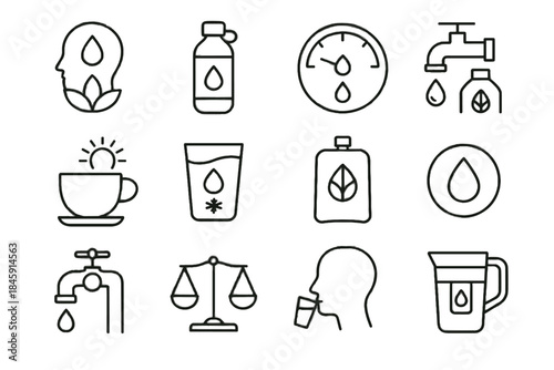 Minimal cue water hydration eco pouch clean mindful flow vector icon icons