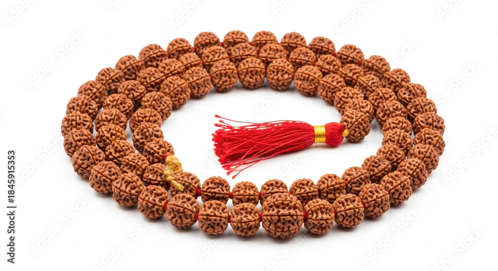 Obraz premium Rudraksha mala with red tassel on white background showcasing spiritual significance. Rudraksha mala features unique beads made from sacred seeds, often used in meditation and yoga practices.