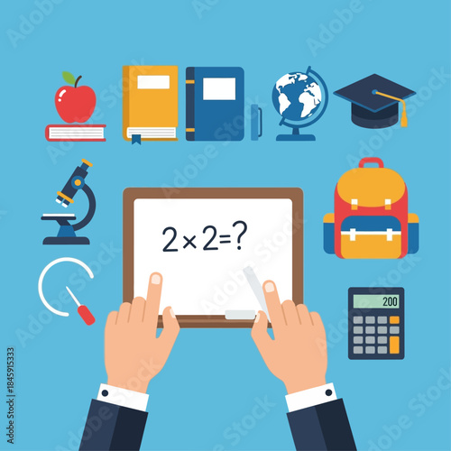Hands solving a math problem on a whiteboard surrounded by school supplies and educational icons on a blue background.