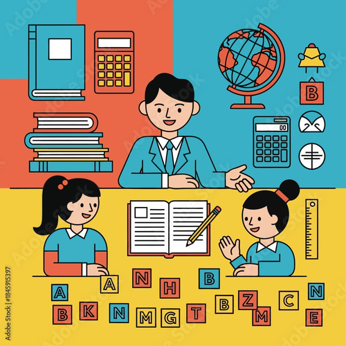 Teacher educating students with books and educational tools.