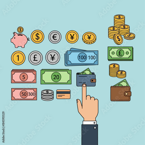 A hand pointing at a collection of international currencies, coins, banknotes, wallets, and a piggy bank, representing global finance and transactions.