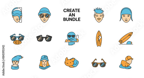 A collection of colorful flat design icons related to summer, beach, and water sports activities, including people, sunglasses, and surfboards.