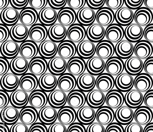Nahtloses abstraktes Muster aus konzentrischen Kreisen in schwarz-weiß, ideal für Hintergründe, Textilien und modernes Grafikdesign. Seamless Background