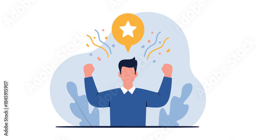 A man celebrating success with a star and confetti, feeling victorious and achieving his goals.