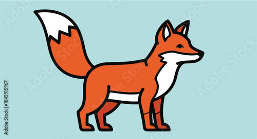 A cartoon red fox with a white-tipped tail and chest stands on a light blue background, looking to the right.