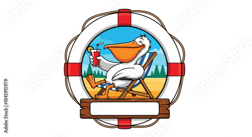 Illustration of a pelican on a beach chair inside a life preserver with a scenic background and a blank sign.