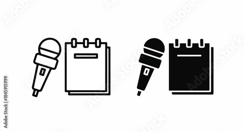 Black and white line icons of microphones and calendars on a plain white background, with a simple and minimalist design style.