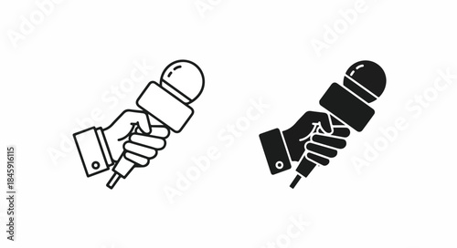 Two hands holding microphones in black and white line art style against a clean white background.