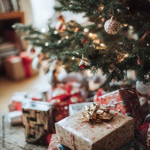 Candid moment on Christmas morning with gifts under a decorated tree Generative AI