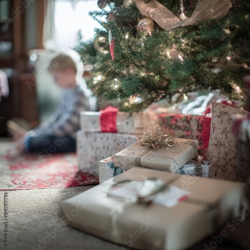 Christmas morning joy with decorated tree and gifts on the floor Generative AI