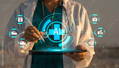 Innovative doctor using AI technology on tablet for enhanced healthcare solutions and data driven medical decisions in a modern hospital setting