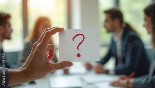 Hand holds card with red question mark sign at business meeting. Colleagues in office discuss project issues, seeking answers for teamwork problem. Uncertainty idea.