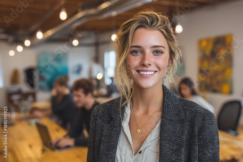 Confident young woman in business attire smiles warmly in a modern open office