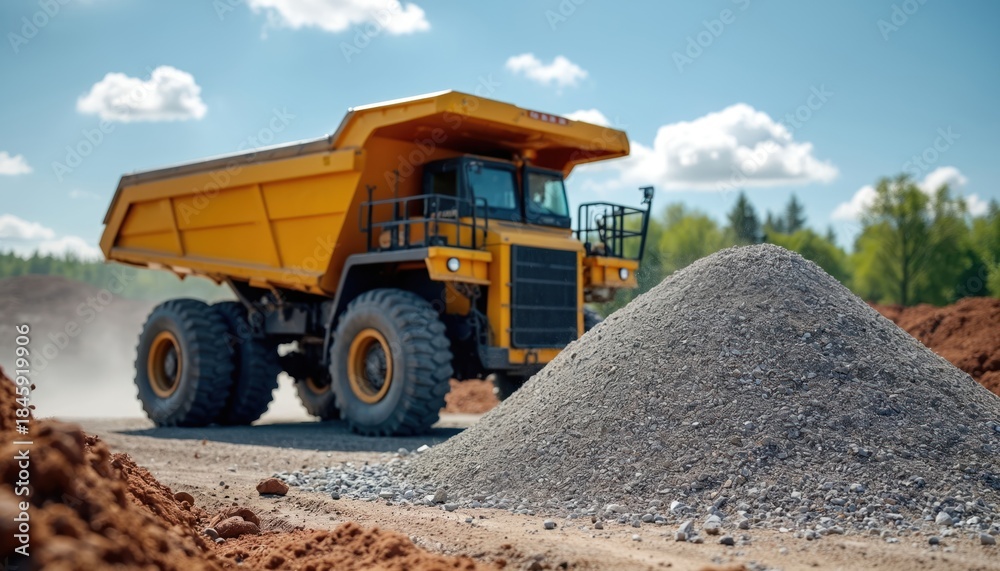 Obraz premium Giant yellow dump truck on sunny construction site. Massive vehicle unloads gravel, dirt piles high. Heavy machinery operates, building infrastructure, preparing terrain. Earthmoving progress in