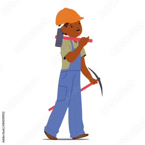Cute boy builder cartoon child character wearing hard hat and workwear carrying pickaxe and hammer