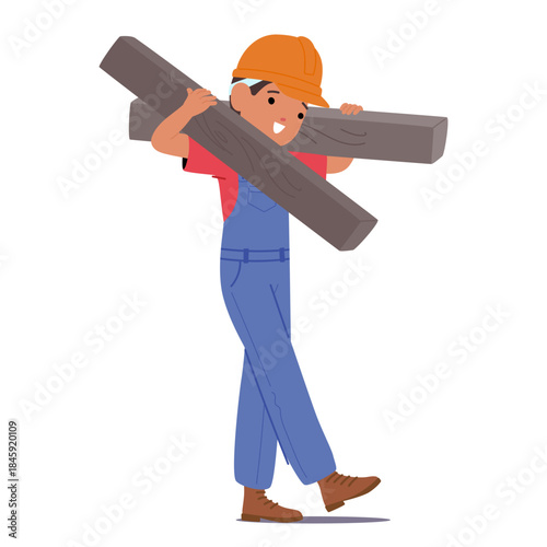 Strong little boy child builder isolated cartoon character carrying construction beams on shoulders