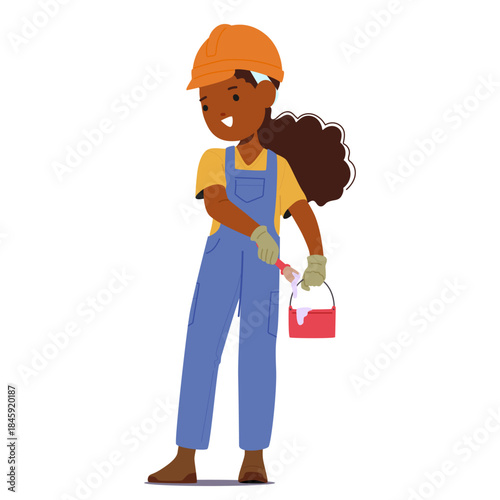 Cute girl builder cartoon character wearing hard hat and workwear painting isolated on white