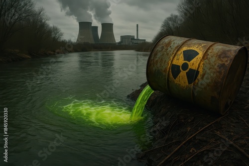 Toxic waste barrel leaking radioactive liquid into river near nuclear power plant