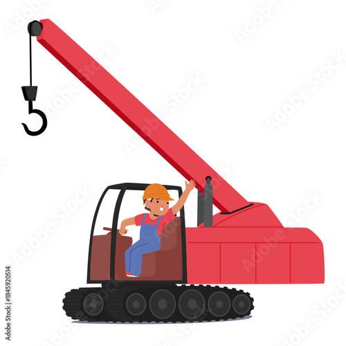 Boy child character in hard hat and uniform operating crawler crane large construction machinery