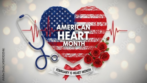 American heart health awareness month. Patriotic symbol displaying vital care, medical support, and prevention message. Stethoscope, red roses, and rhythmic pulse beat for wellness in February.