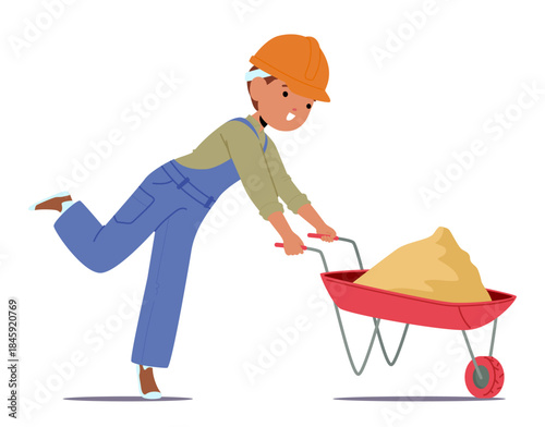 Happy boy child cartoon character in hard hat pushing wheelbarrow filled sand for construction work
