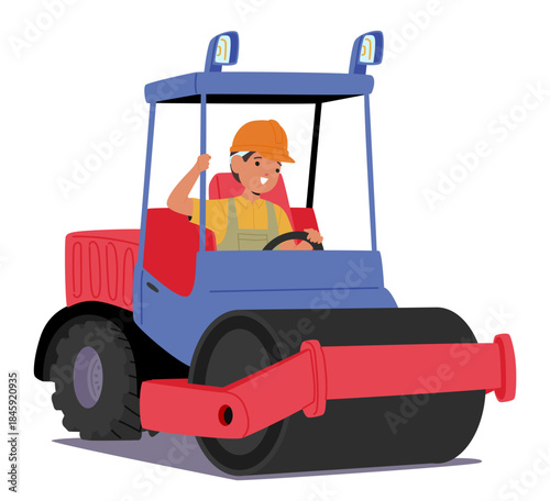 Cute boy isolated cartoon child character wearing hard hat operating asphalt paver machine