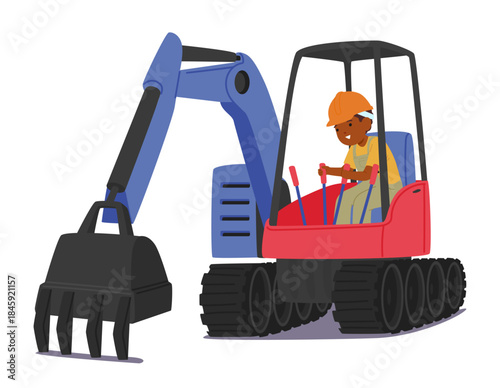 Cute boy child cartoon character in hard hat and uniform operating excavator isolated on white