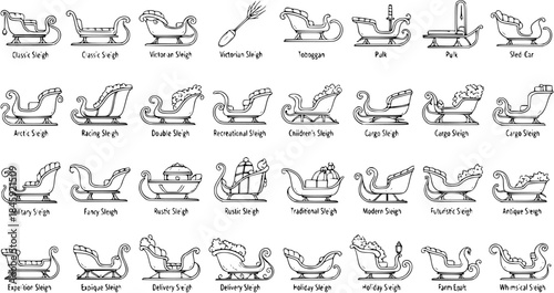 Black and White Line Art Illustration of Various Sleighs and Sleds for Winter and Christmas Themes