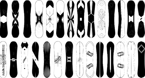 Black and White Line Art Vector of Snowboards Collection, Winter Sports Equipment Assortment