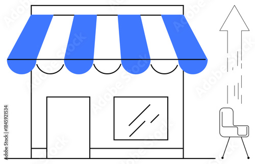 Small business growth, entrepreneurship, local commerce, expansion strategies, retail opportunities, startup ideas. Minimalist shopfront with an arrow and chair. Small business and entrepreneurship