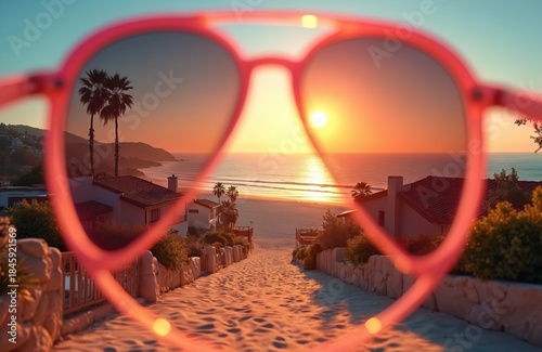 Pathway to sandy beach viewed through pink sunglasses at sunset. Ocean waves roll onto shore near houses and palm trees. Coastal landscape glows warm.