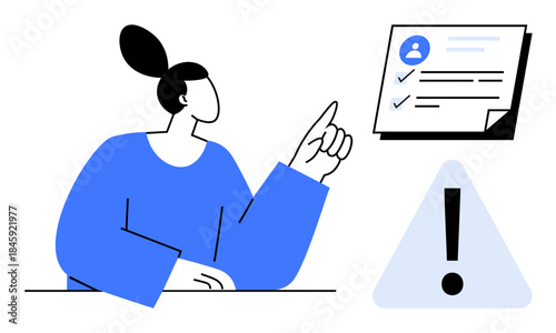 Woman pointing at a checklist with profiles and checkmarks, alongside an alert icon. Ideal for task management, personal productivity, organization, warning notices, accountability, process review