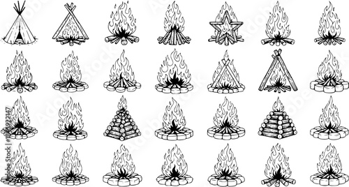 Hand-Drawn Campfire and Bonfire Vector Illustrations Set with Various Log Arrangements and Flames - Outdoor Camping Sketches Collection