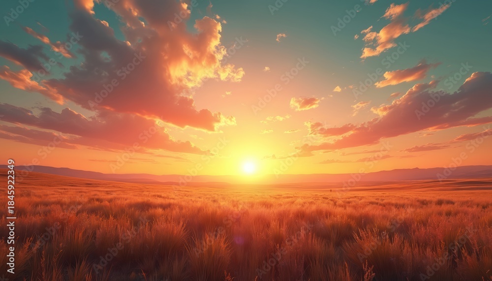 Fototapeta premium Golden sun sets over vast grassy plain, casting warm hues across sky, land. Clouds drift lazily, creating serene evening atmosphere. Open landscape allows for ample text placement, ideal for various