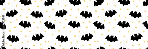Seamless Halloween pattern with cute bat silhouettes and spooky elements. Perfect vector background for festive prints, featuring vampires, pumpkins, and stars in playful design.