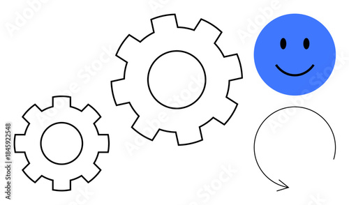 Workflow concept. A blue happy face and interconnected gears efficiency, collaboration, and productivity. Workflow highlights process optimization and consistent results. Suitable for teamwork