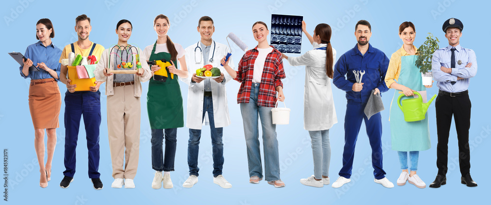 Obraz premium Choosing profession. People of different occupations on blue gradient background