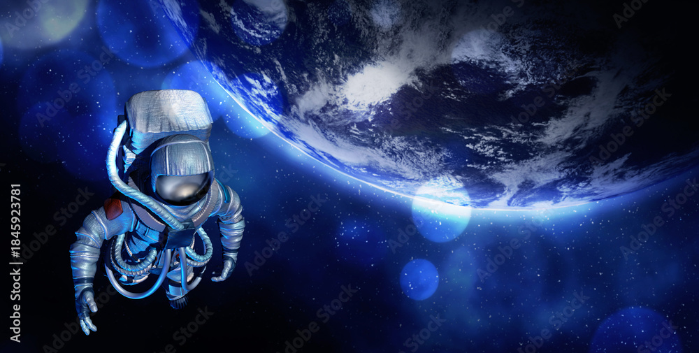 Obraz premium Astronaut wearing special suit and celestial body in space. Banner design