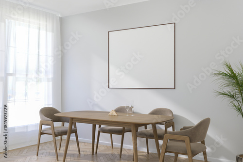A Horizontal Thin Frame Mockup on Light Wall in Modern Interior. 3D Render.