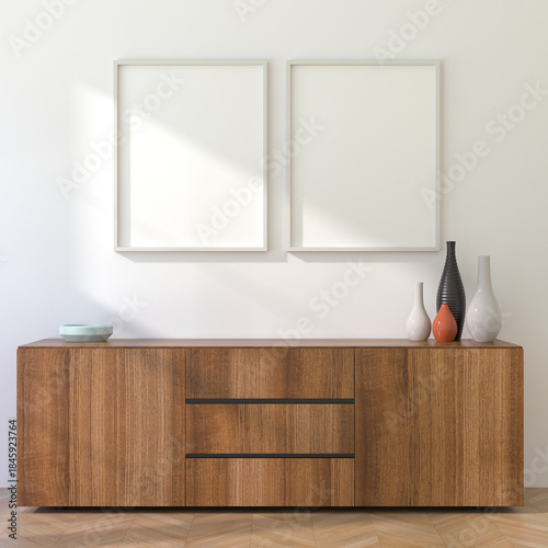 3D Render of Two Vertical White Frames Mockup in Interior