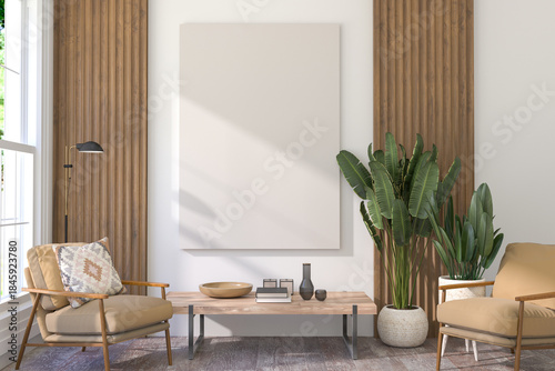 Vertical frameless canvas hangingon a light wall in a modern interior, 3D render