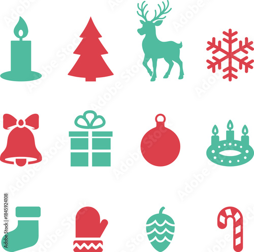 Weihnachtssymbole, Rentier, Kerze, Tannenbaum, Schneeflocke, Glöckchen, Geschenk, Baumkugel, Adventskranz, Advent, Schuh, Handschuh, Tannenzapfen, Lutscher, 