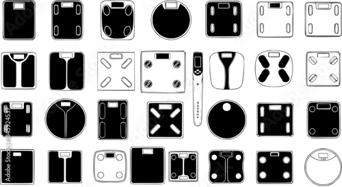 Black and White Vector Icons of Various Digital and Analog Bathroom Scales, Health and Fitness Equipment