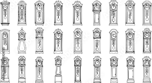 Black and White Line Art Collection of Vintage Grandfather Clocks, Antique Timepieces, Classic Horology Design