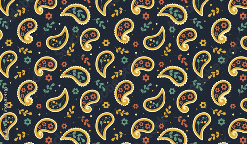 Abstract floral paisley pattern with decorative elements and organic shapes on a dark background, seamless